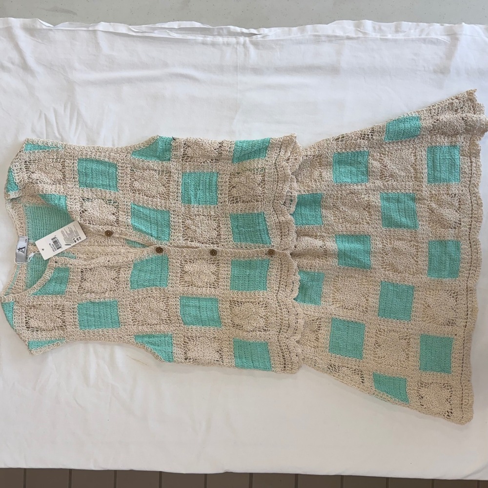 New Boutique Crochet Knit Mini Skirt Set Blue‎ Tan Cottagecore Bohemian Medium